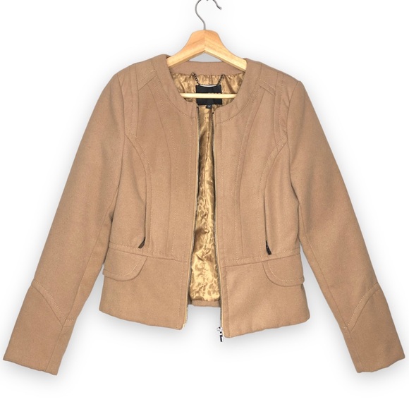 EXPRESS Women's Tan Zip-up Jacket Blazer Crew Neck Long Sleeves office career - Picture 1 of 8